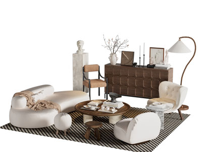 现代中古风多人 单人沙发 玄关柜和茶几组合