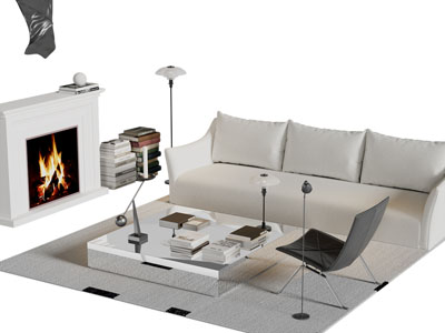 现代多人沙发 壁炉火炉 休闲椅子和茶几组合