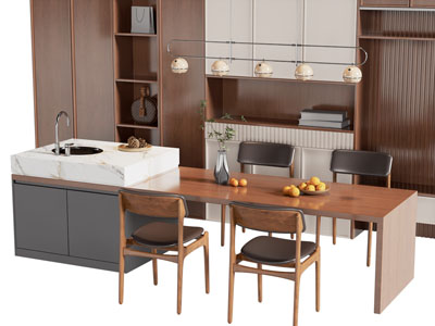 现代中古风整体橱柜 吧台餐桌椅组合