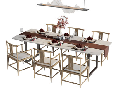 中式长方形实木餐桌椅组合