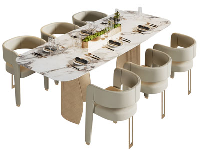 现代长方形大理石餐桌椅组合