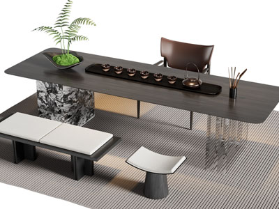 新中式长方形茶桌椅组合