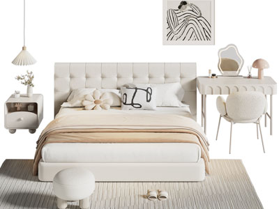 现代布艺双人床 床头柜 梳妆台