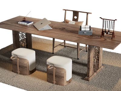 新中式长方形书桌椅组合3d模型 新中式长方形书桌椅组合
