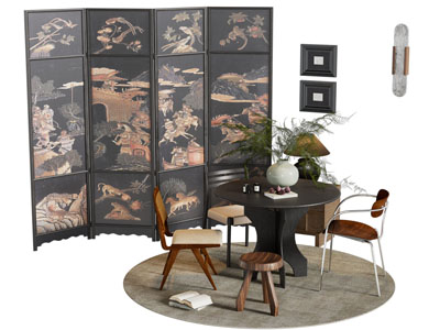 现代中古圆形餐桌椅组合 屏风