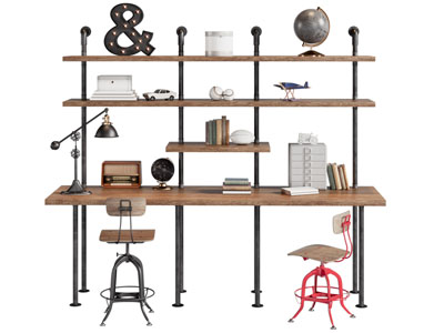 工业风loft书桌椅组合3d模型 工业风loft书桌椅组合