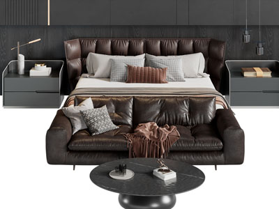现代皮质双人床 床尾沙发 茶几组合