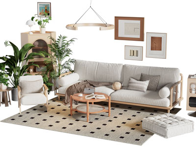 北欧双人沙发 单人沙发和茶几组合 边柜