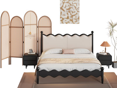 法式双人床 床头柜 屏风