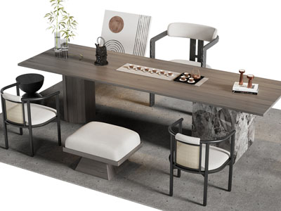 新中式长方形茶桌椅组合