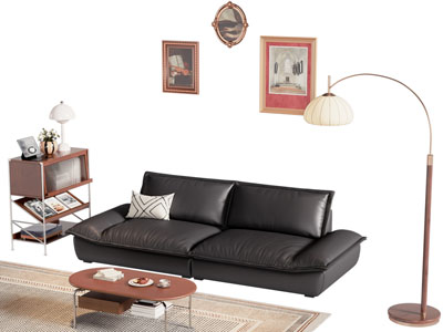 现代黑色双人沙发 边柜和茶几组合