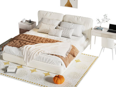 现代奶油风布艺双人床 床头柜