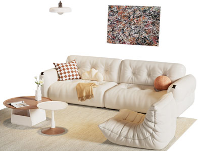 现代奶油风双人沙发 懒人沙发和茶几组合