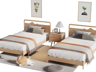 北欧双人间实木双人床 床头柜