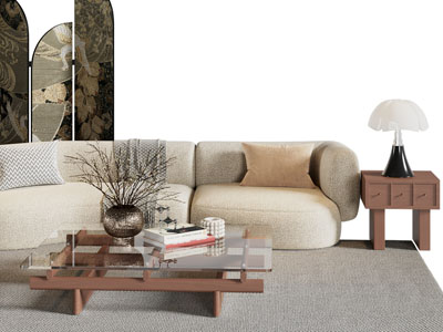 侘寂风弧形多人沙发 茶几组合