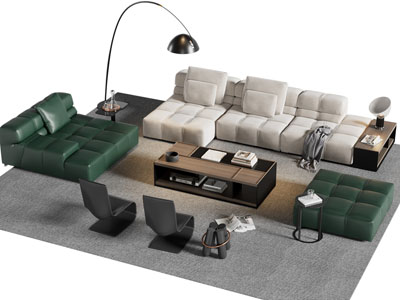 现代转角多人沙发 沙发凳和茶几组合