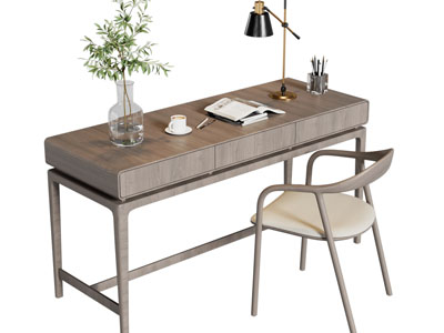 现代实木长方形书桌椅组合3d模型 现代实木长方形书桌椅组合