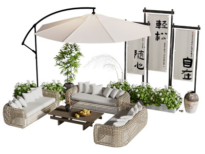 新中式遮阳伞 户外藤编休闲多人沙发 茶几组合