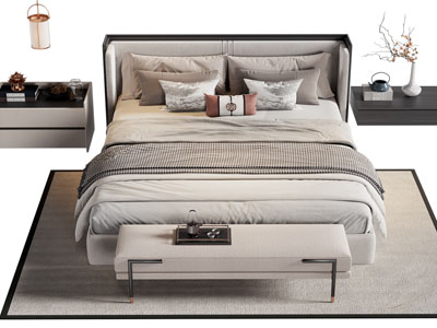 新中式双人床 床头柜 床尾凳