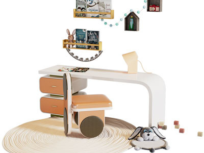 现代儿童书桌椅组合3d模型 现代儿童书桌椅组合