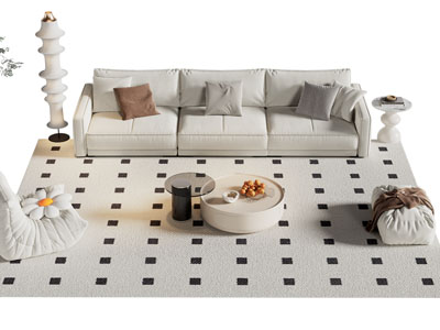 侘寂风奶油风多人沙发 沙发凳和茶几组合