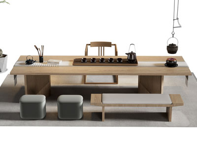 新中式长方形茶桌椅组合