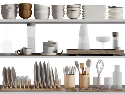 现代摞在一起的碗碟 碗架 厨具组合