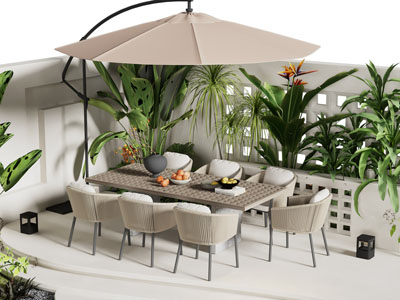 现代庭院遮阳伞 藤编餐桌椅组合