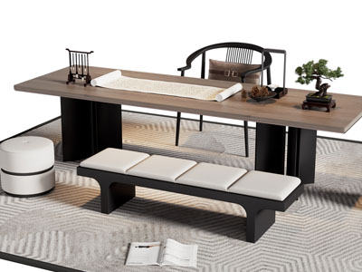 新中式长方形实木书桌椅组合3d模型 新中式长方形实木书桌椅组合