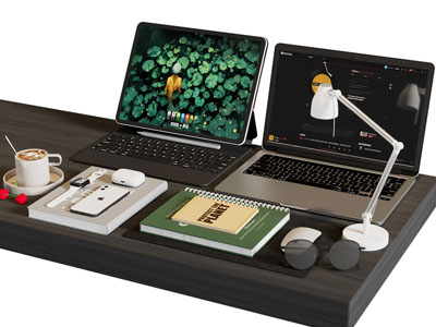 现代笔记本电脑 书本 咖啡杯 台灯 书桌摆件组合3d模型 现代笔记本电脑 书本 咖啡杯 台灯 书桌摆件组合