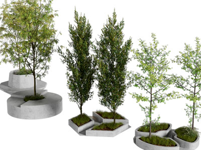 现代景观花坛 公共椅子 树木