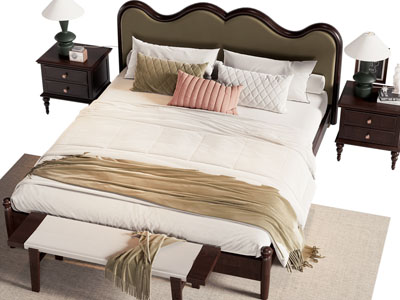 法式双人床 床头柜 床尾凳