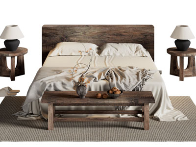 侘寂风实木双人床 床头柜 床尾凳