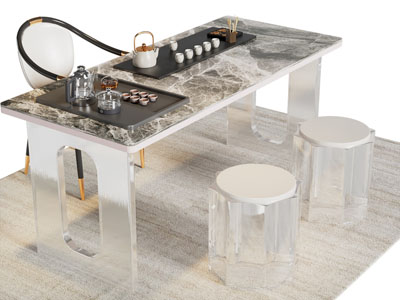 新中式长方形大理石茶桌椅组合