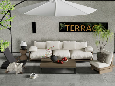 侘寂风户外遮阳伞 多人沙发 茶几组合