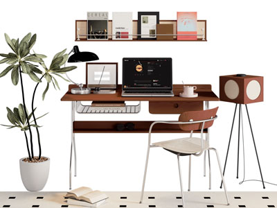 现代中古风书桌椅组合3d模型 现代中古风书桌椅组合