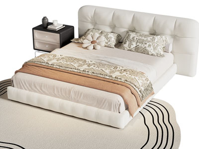 现代布艺奶油风双人床 床头柜