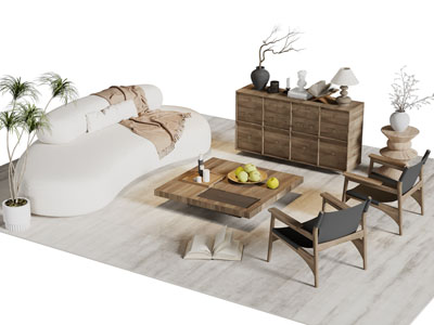 侘寂风奶油风多人沙发 休闲椅子 边柜和茶几组合