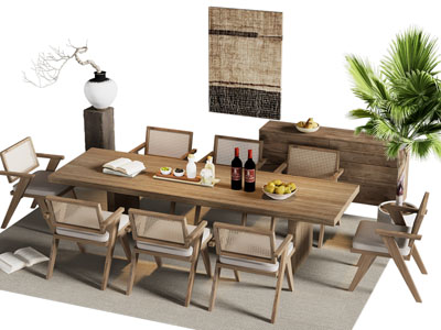 侘寂风中古长方形餐桌椅组合 餐边柜3d模型 侘寂风中古长方形餐桌椅组合 餐边柜