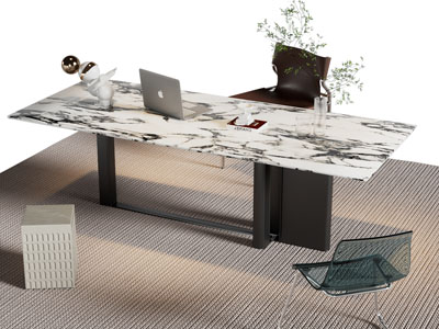 现代长方形大理石书桌椅组合3d模型 现代长方形大理石书桌椅组合