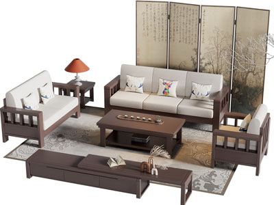 新中式多人 双人 单人沙发和茶几组合