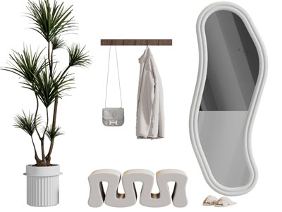 现代穿衣镜子 墙面衣钩 换鞋凳子