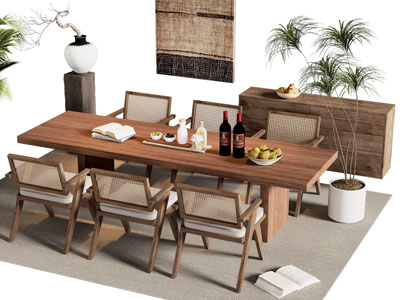 侘寂风中古实木餐桌椅组合 餐边柜3d模型 侘寂风中古实木餐桌椅组合 餐边柜