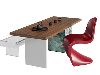 现代实木长方形茶桌椅组合3d模型 现代实木长方形茶桌椅组合