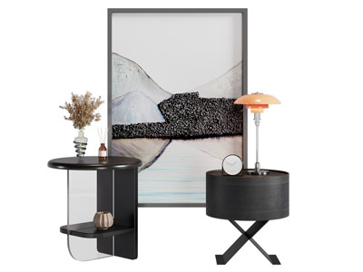 现代圆形床头柜 挂画