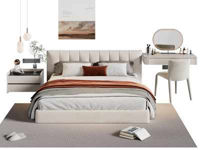 现代奶油风双人床 床头柜 梳妆台