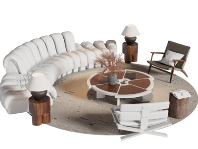 侘寂风奶油风弧形多人沙发 休闲椅子和茶几组合