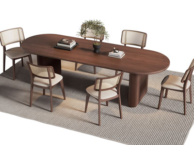 现代中古风椭圆形餐桌椅组合3d模型 现代中古风椭圆形餐桌椅组合