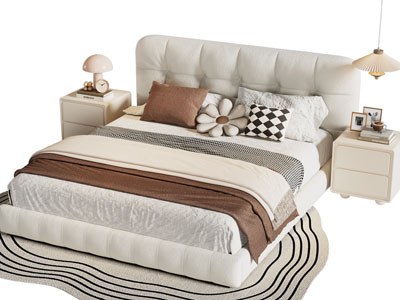 现代奶油风双人床 床头柜
