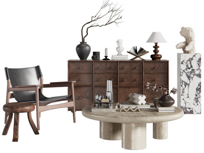 侘寂风中古玄关柜 休闲椅子和茶几组合3d模型 侘寂风中古玄关柜 休闲椅子和茶几组合